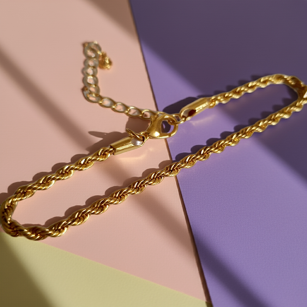 Bransoletka złocona ze stali nierdzewnej, pleciony splot rope chain, długość regulowana 20–25 cm, RougeBizu.