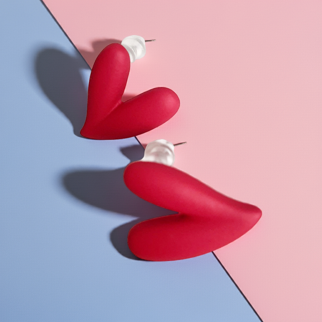 Kolczyki sztyfty w kształcie różowych serc, wykonane ze stali nierdzewnej. Matowe wykończenie, długość 2 cm. Styl minimalistyczny i romantyczny. Rouge Bizu.