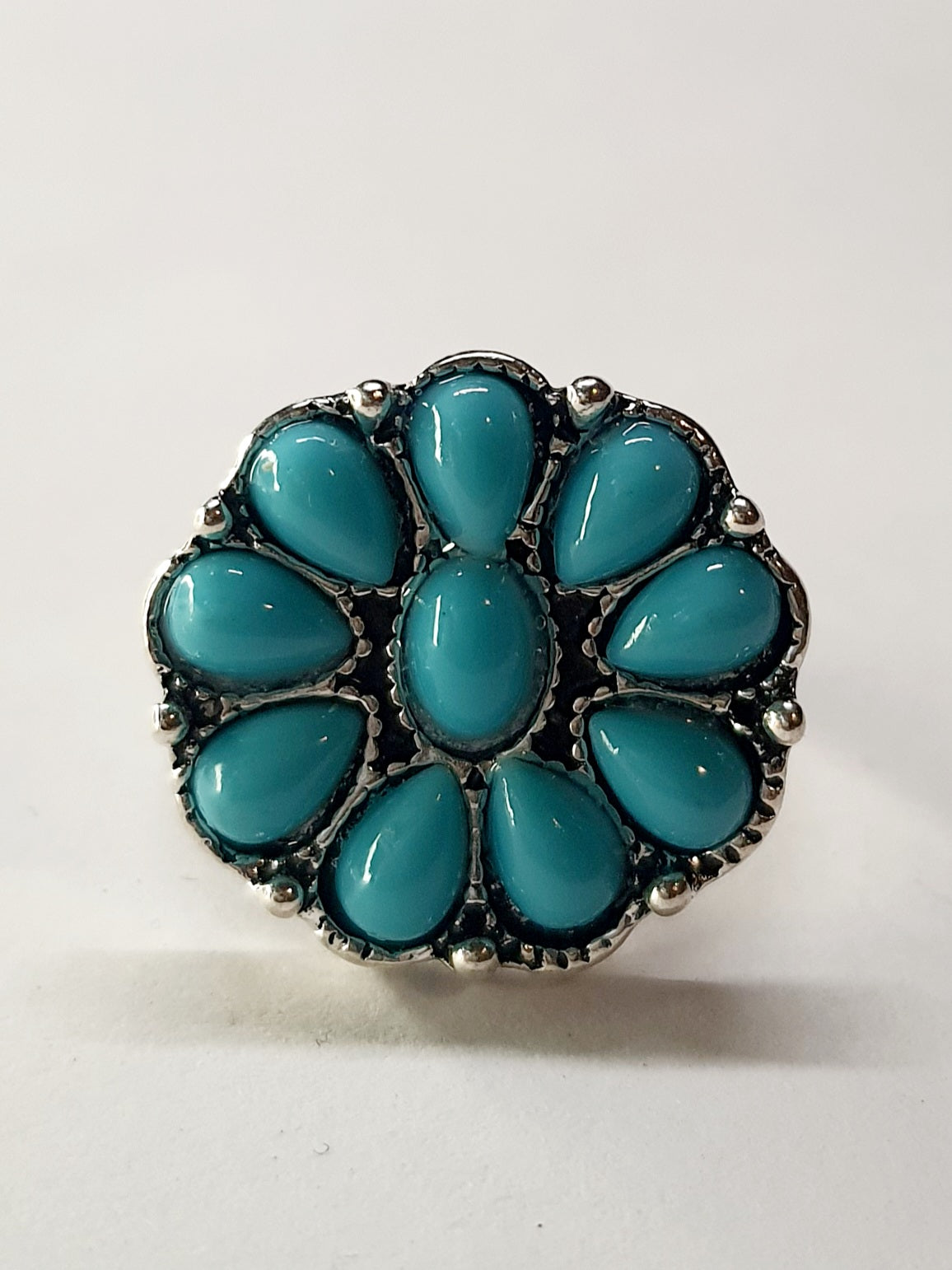 Pierścionek w kształcie kwiatka z turkusowych łez, stal nierdzewna, stal chirurgiczna, rozmiar 16 mm, styl boho vintage, srebrna obrączka, wodoodporne, hipoalergiczne, jakość premium, Rouge Bizu.