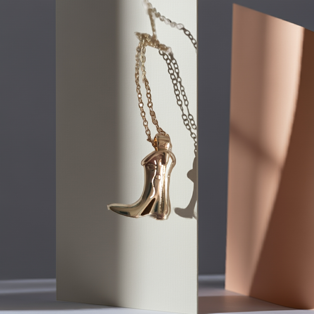 Naszyjnik damski ze stali nierdzewnej, długość 45–50 cm, złoty łańcuszek z zawieszką w kształcie szpilki/obcasa, modny i kobiecy styl glamour, Rouge Bizu.