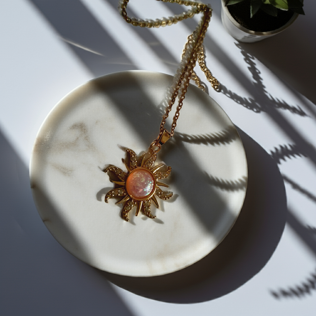 Naszyjnik złocony ze stali nierdzewnej, długość 42–47 cm, zawieszka w kształcie słońca z opalizującym kamieniem i cyrkoniami, RougeBizu.