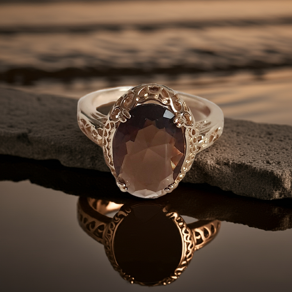 Pierścionek damski ze stali nierdzewnej, złoty, rozmiar 19 mm, ozdobna korona w stylu vintage, duży fasetowany kamień w odcieniu brązu, retro glamour, Rouge Bizu.