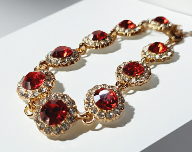 Bransoletka z czerwonymi kamieniami w złotej oprawie, długość regulowana 15–20 cm, styl glamour i elegancki. Stal nierdzewna, stal chirurgiczna, wodoodporne, hipoalergiczne, jakość premium, Rouge Bizu.