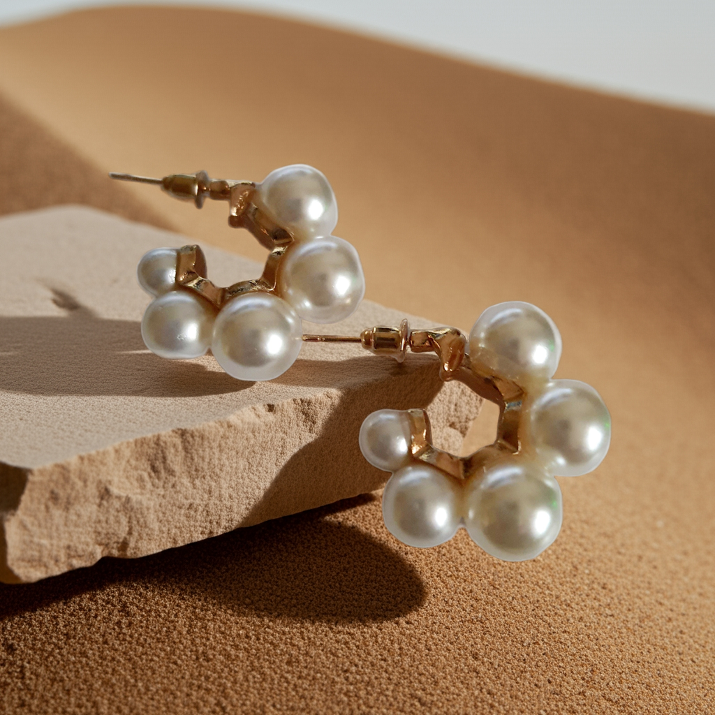 „Złote kolczyki koła o średnicy 3 cm, wykonane ze stali nierdzewnej, ozdobione lśniącymi perłami kulistymi, eleganckie i klasyczne – Rouge Bizu.”