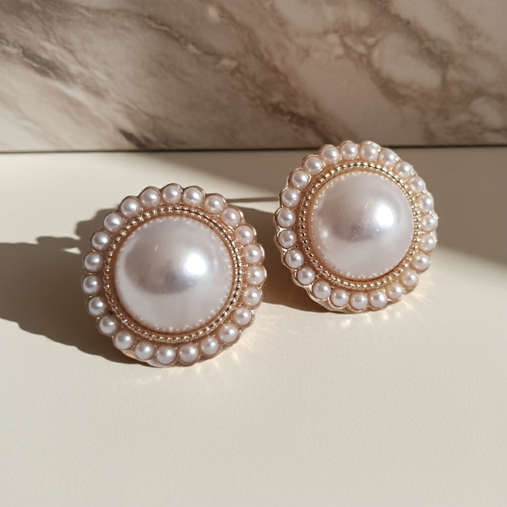 Kolczyki damskie ze stali nierdzewnej, średnica 2 cm, złote wykończenie, centralna duża perła otoczona drobnymi perełkami, klasyczny glamour retro, Rouge Bizu.