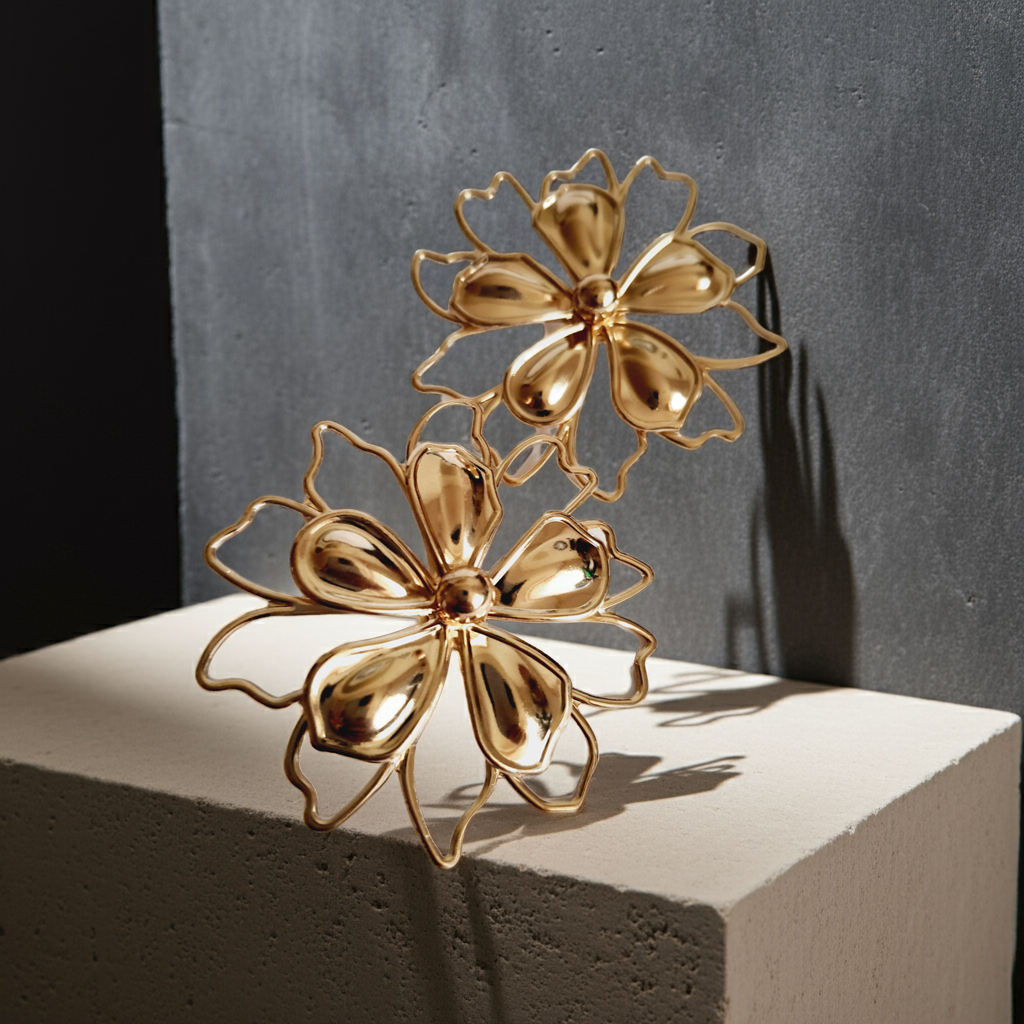 Złote kolczyki w kształcie dużych ażurowych kwiatów, wykonane ze stali nierdzewnej, średnica 6 cm, styl artystyczny, glamour i boho. Rouge Bizu.