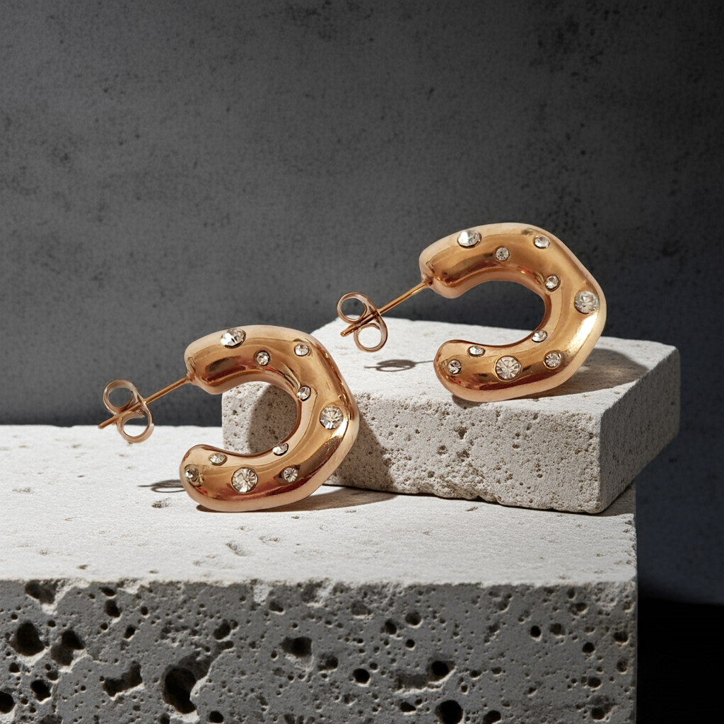 Kolczyki półokręgi 2 cm, stal nierdzewna w złotym kolorze, zdobione białymi cyrkoniami, zapięcie na sztyft. Rouge Bizu.