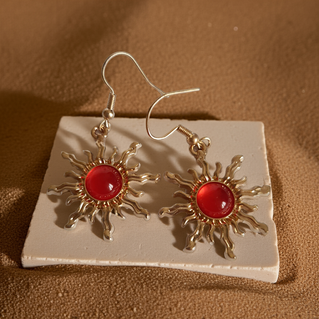 Kolczyki w kształcie słońca ze stali nierdzewnej, złocone, z centralnym czerwonym kamieniem, długość 4 cm, RougeBizu.
