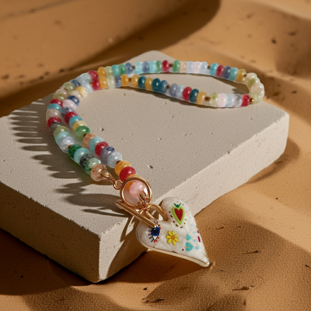 Naszyjnik z kolorowych koralików w stylu boho, z ozdobną zawieszką w kształcie białego serca zdobionego ręcznie malowanymi wzorami: oko, kwiat, serce i kolorowe symbole. Długość 45 cm. Stal nierdzewna. Rouge Bizu.