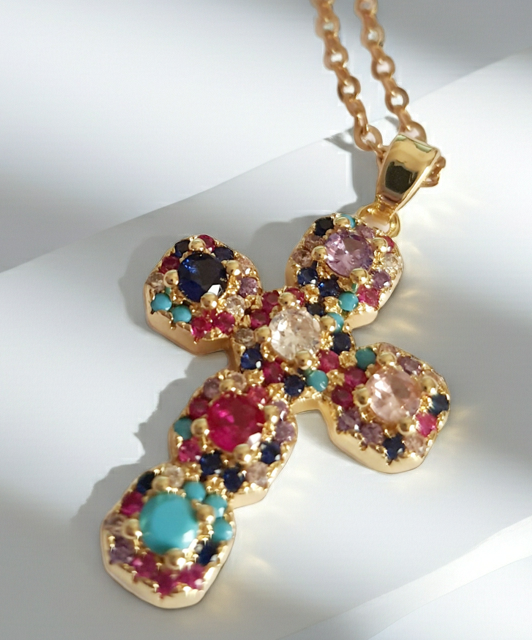 Złoty naszyjnik z krzyżem wysadzanym kolorowymi kamieniami – turkus, czerwień, fiolet, granat i biel, długość 50 cm, stal nierdzewna, RougeBizu.