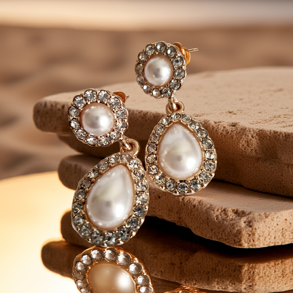 Kolczyki złote wiszące ze stali nierdzewnej z perłami syntetycznymi i cyrkoniami, długość 4 cm, styl glamour, elegancja i klasa. Rouge Bizu.