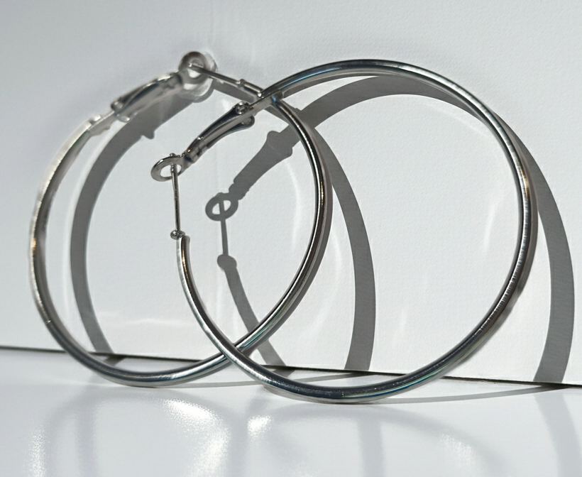 Srebrne kolczyki klasyczne kółka o średnicy 4,5 cm, stal chirurgiczna, stal nierdzewna, wodoodporne, hipoalergiczne, jakość premium, RougeBizu.