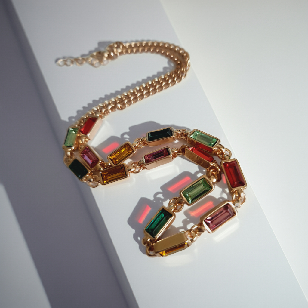 Złoty naszyjnik ze stali nierdzewnej z prostokątnymi, wielobarwnymi kryształami w odcieniach zieleni, czerwieni, różu, złota i turkusu. Długość 41–47 cm. Rouge Bizu.