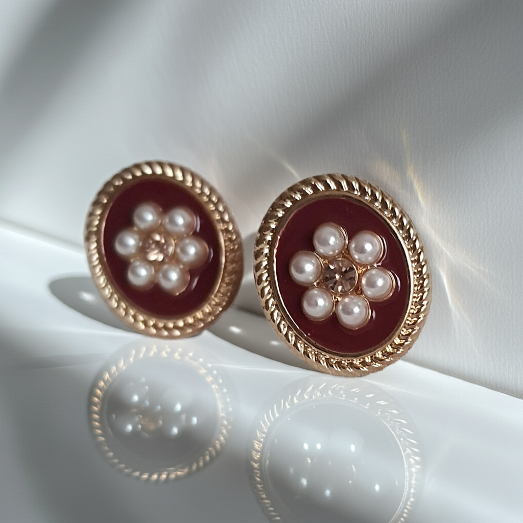 Kolczyki damskie ze stali nierdzewnej, owalny kształt 1,7 cm, złota ramka z ozdobnym rantem, wypełnienie w kolorze głębokiej czerwieni, centralny motyw kwiat z perełek i kryształowym oczkiem, styl retro vintage glamour, Rouge Bizu.