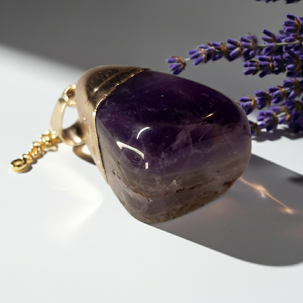 Złoty wisiorek z syntetycznym ametystem o średnicy 2 cm, styl romantyczny i magiczny. Stal nierdzewna, stal chirurgiczna, wodoodporne, hipoalergiczne, jakość premium, Rouge Bizu.