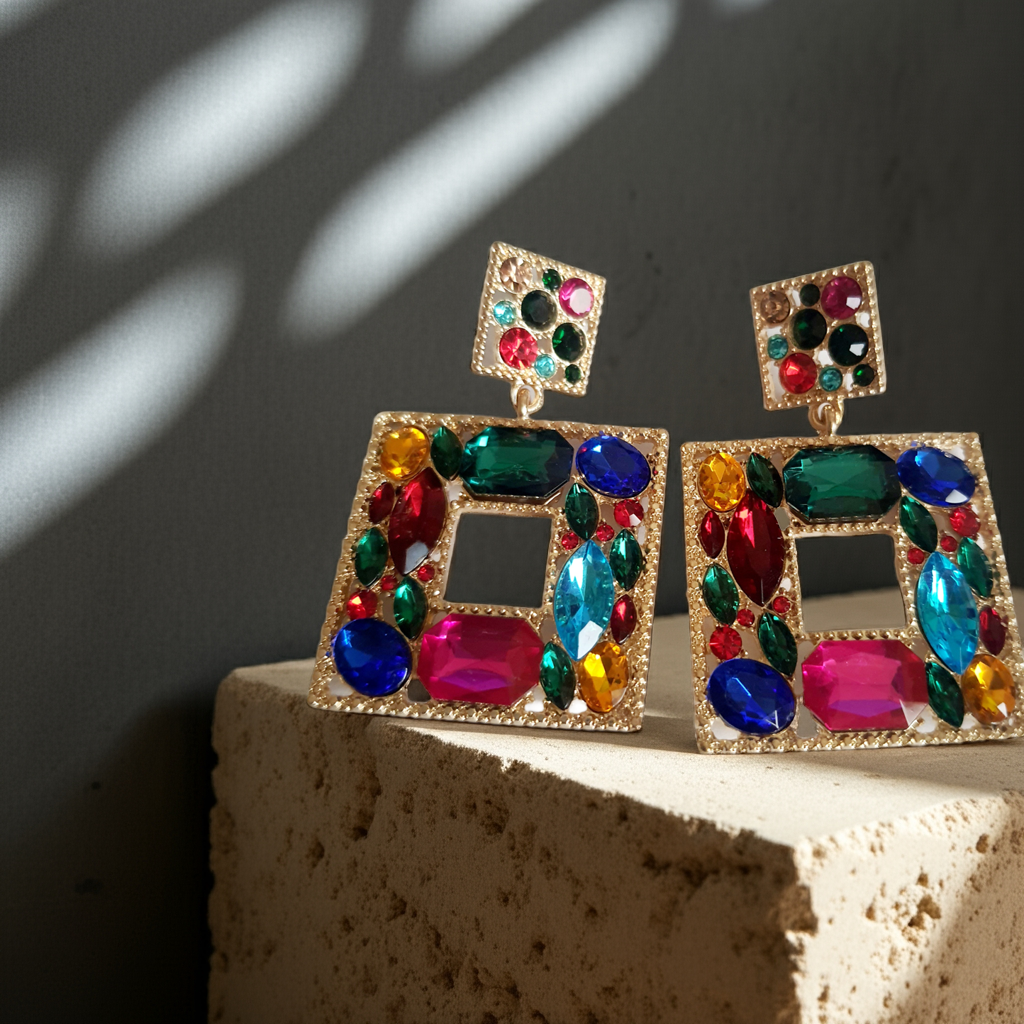 Złote kolczyki ze stali nierdzewnej w kształcie kwadratu, bogato zdobione wielobarwnymi kryształami w odcieniach granatu, zieleni, różu, czerwieni, turkusu i złota. Styl glamour, długość 6 cm. Rouge Bizu.