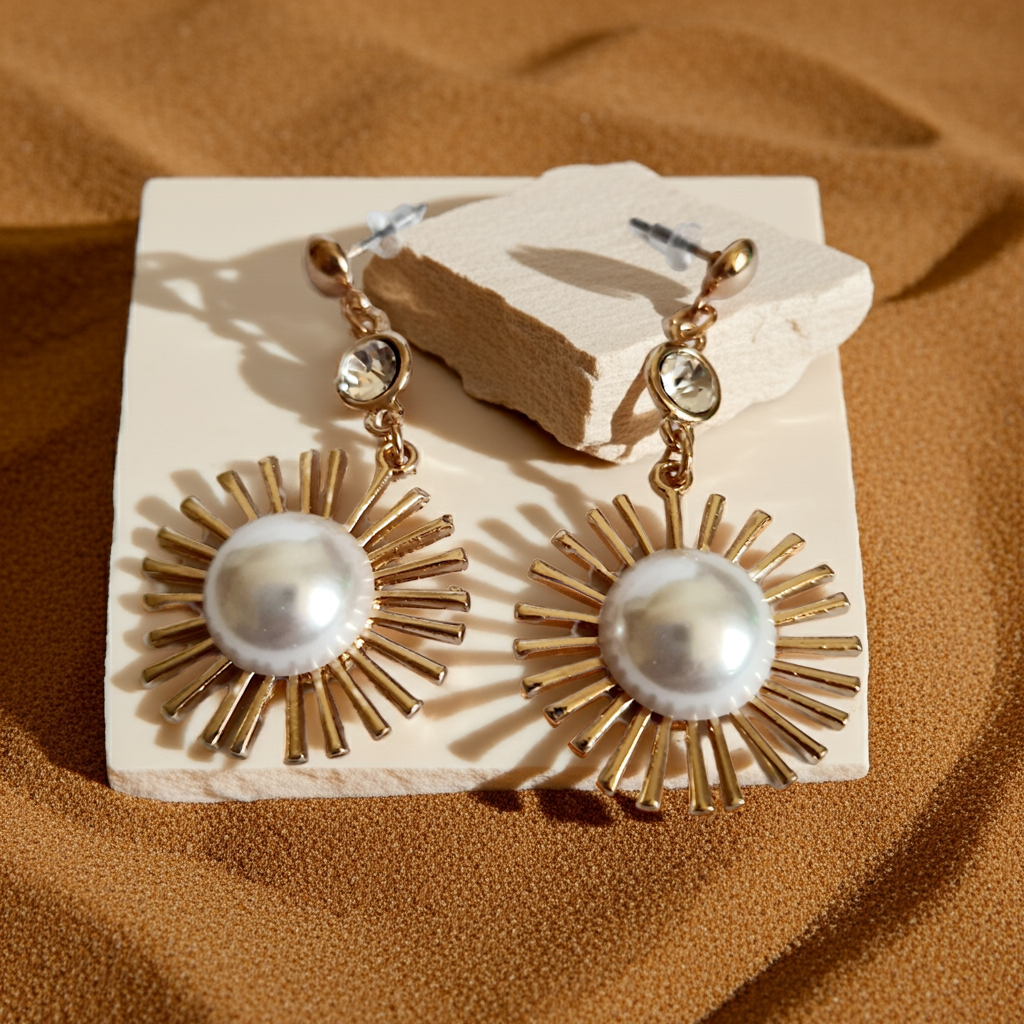Złote kolczyki wiszące 5 cm, z białą perłą w centrum i promienistą oprawą, u góry kryształek – elegancki design inspirowany słońcem, Rouge Bizu.