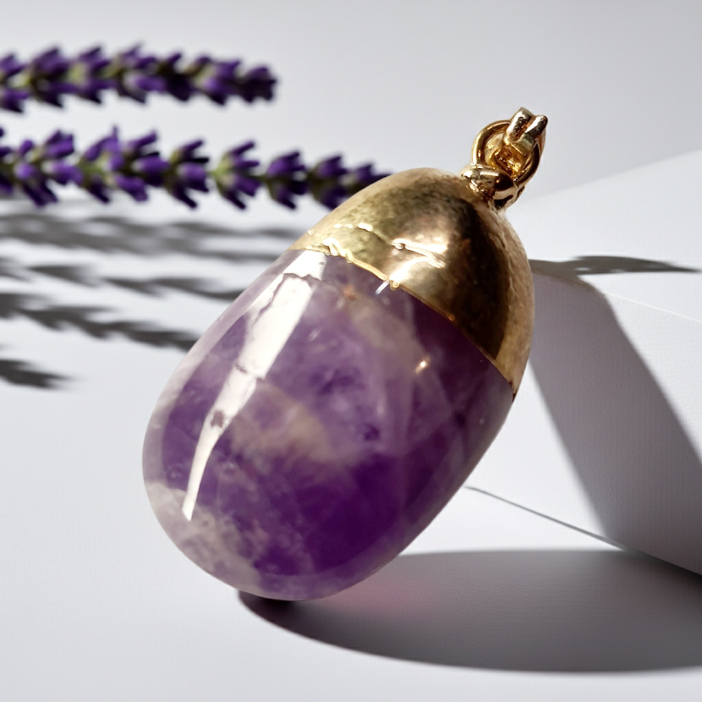 Złoty wisiorek z syntetycznym ametystem o średnicy 3 cm, styl magiczny i elegancki. Stal nierdzewna, stal chirurgiczna, wodoodporne, hipoalergiczne, jakość premium, Rouge Bizu.