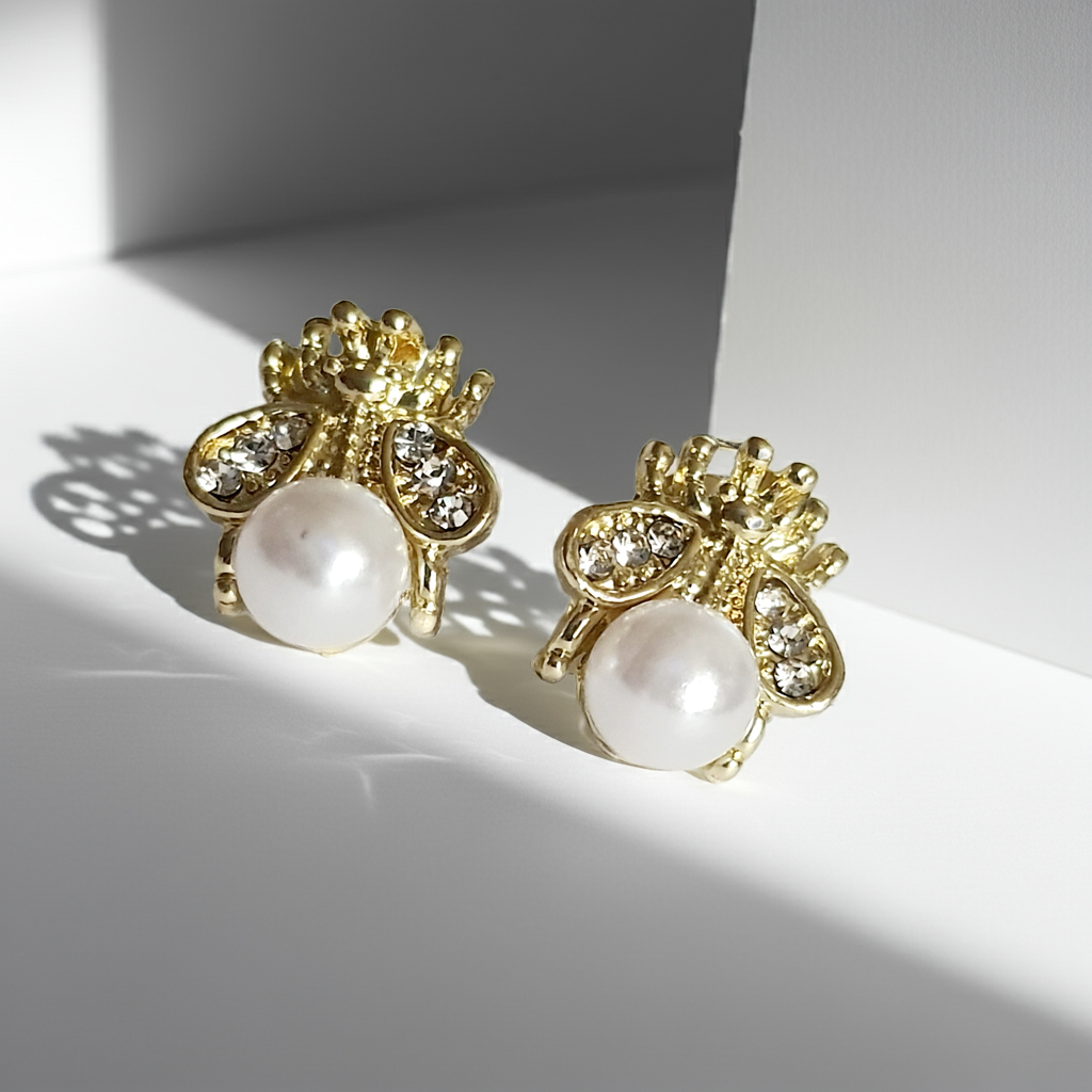 Bee earrings with pearl and cubic zirconia, stainless steel