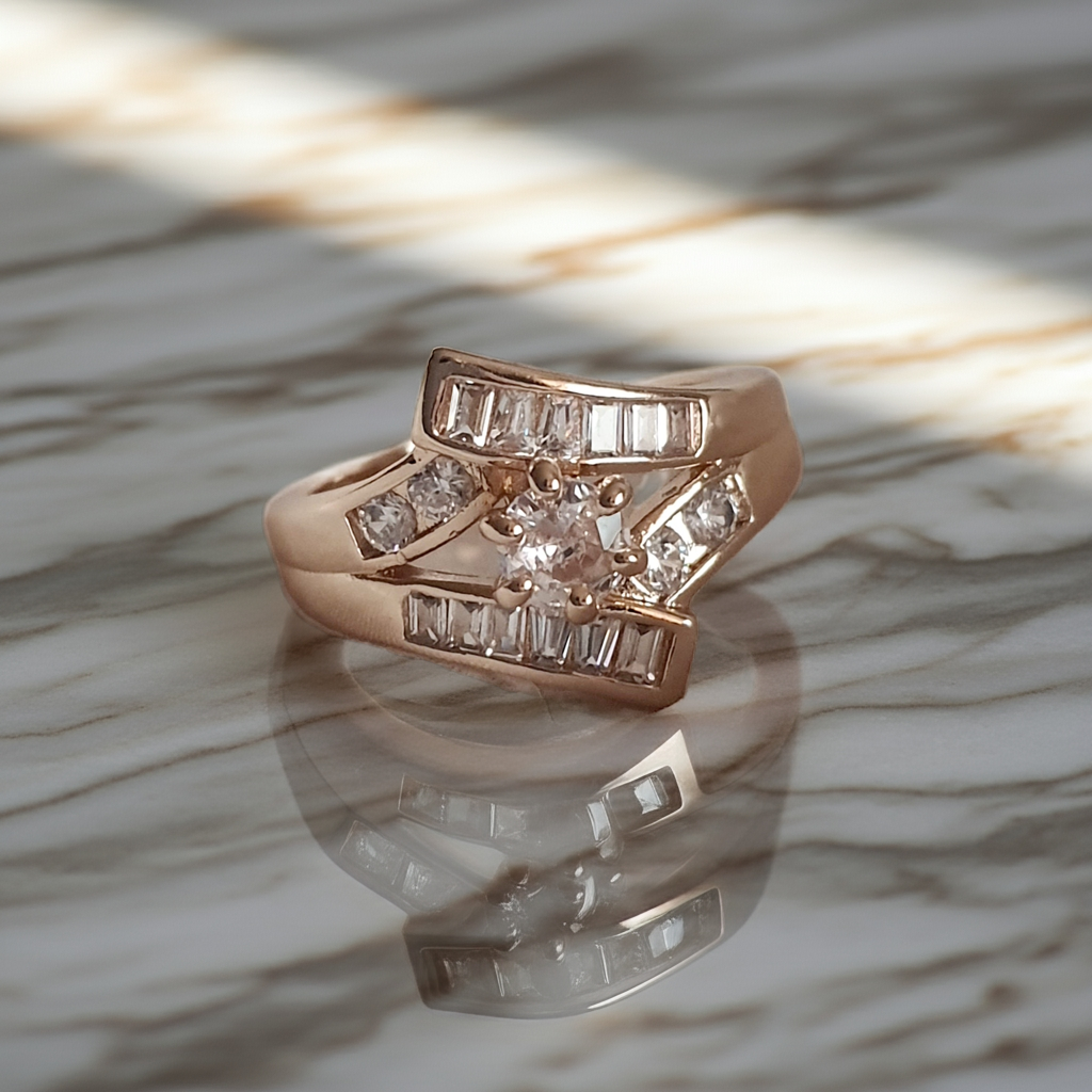 Pierścionek damski ze stali nierdzewnej, złoty, rozmiar 19 mm, zdobiony rzędami prostokątnych cyrkonii i centralnym okrągłym kamieniem, luksusowy styl glamour, Rouge Bizu.