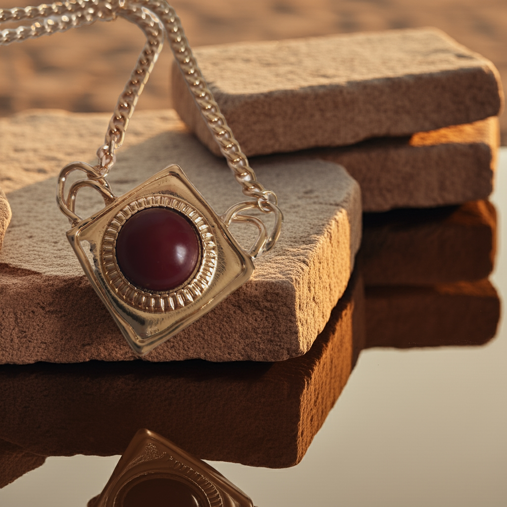 Naszyjnik ze stali nierdzewnej w kolorze złota, z geometryczną zawieszką w kształcie rombu i czerwonym kamieniem pośrodku. Styl elegancki, kobiecy, długość regulowana 44,5–54,5 cm. Rouge Bizu.