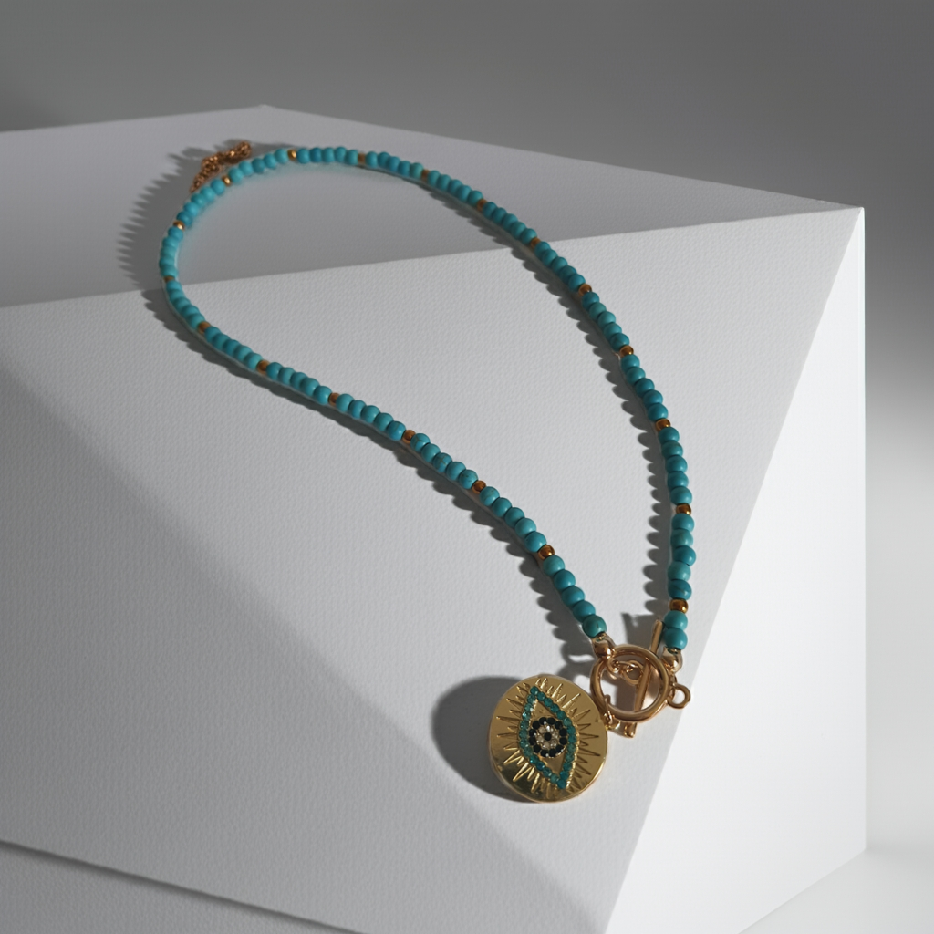 Naszyjnik choker z turkusowych koralików i złotych przekładek, z okrągłą złotą zawieszką z motywem oka w odcieniach turkusu i czerni. Długość 40 cm. Stal nierdzewna. Rouge Bizu.