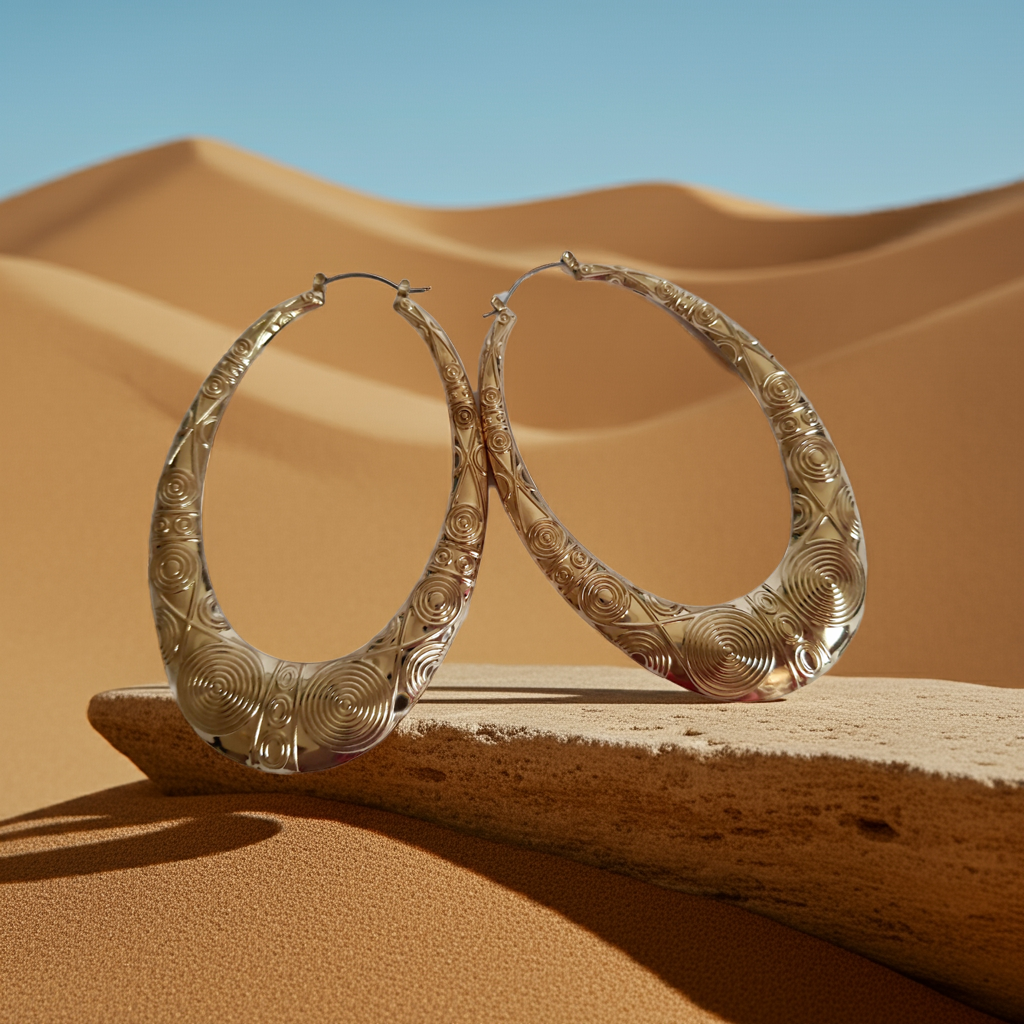 Kolczyki XXL ze stali nierdzewnej, złocone, o długości 11 cm, zdobione tłoczeniem w geometryczne spirale, RougeBizu.