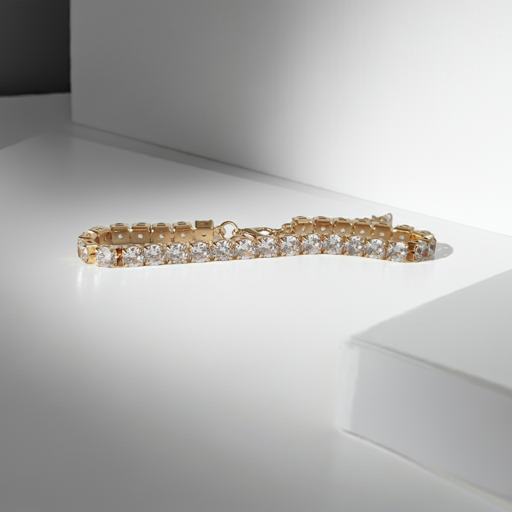 Gold Tennis Bracelet, Adjustable Stainless Steel, Waterproof