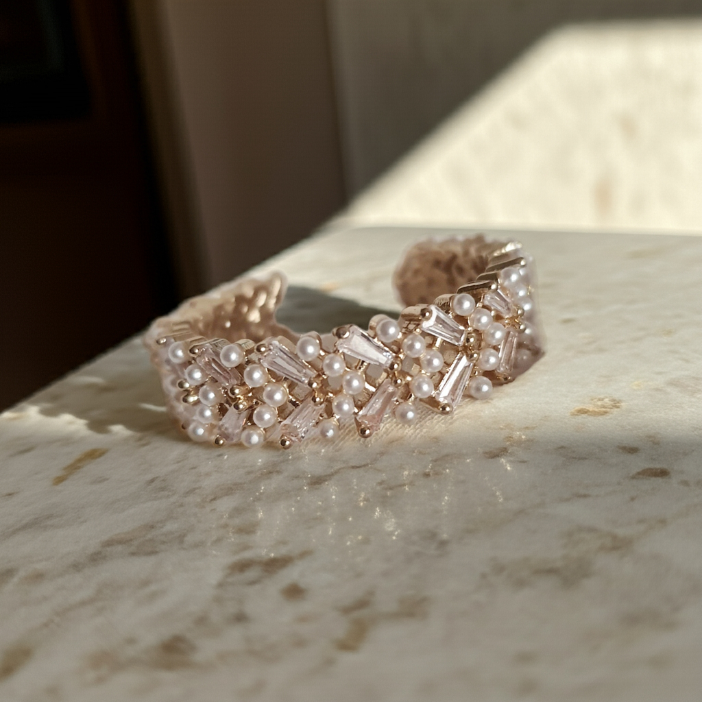 Pierścionek damski ze stali nierdzewnej, rozmiar 19 mm, złota baza zdobiona drobnymi perłami i kryształowymi kamieniami, elegancki styl glamour, Rouge Bizu.