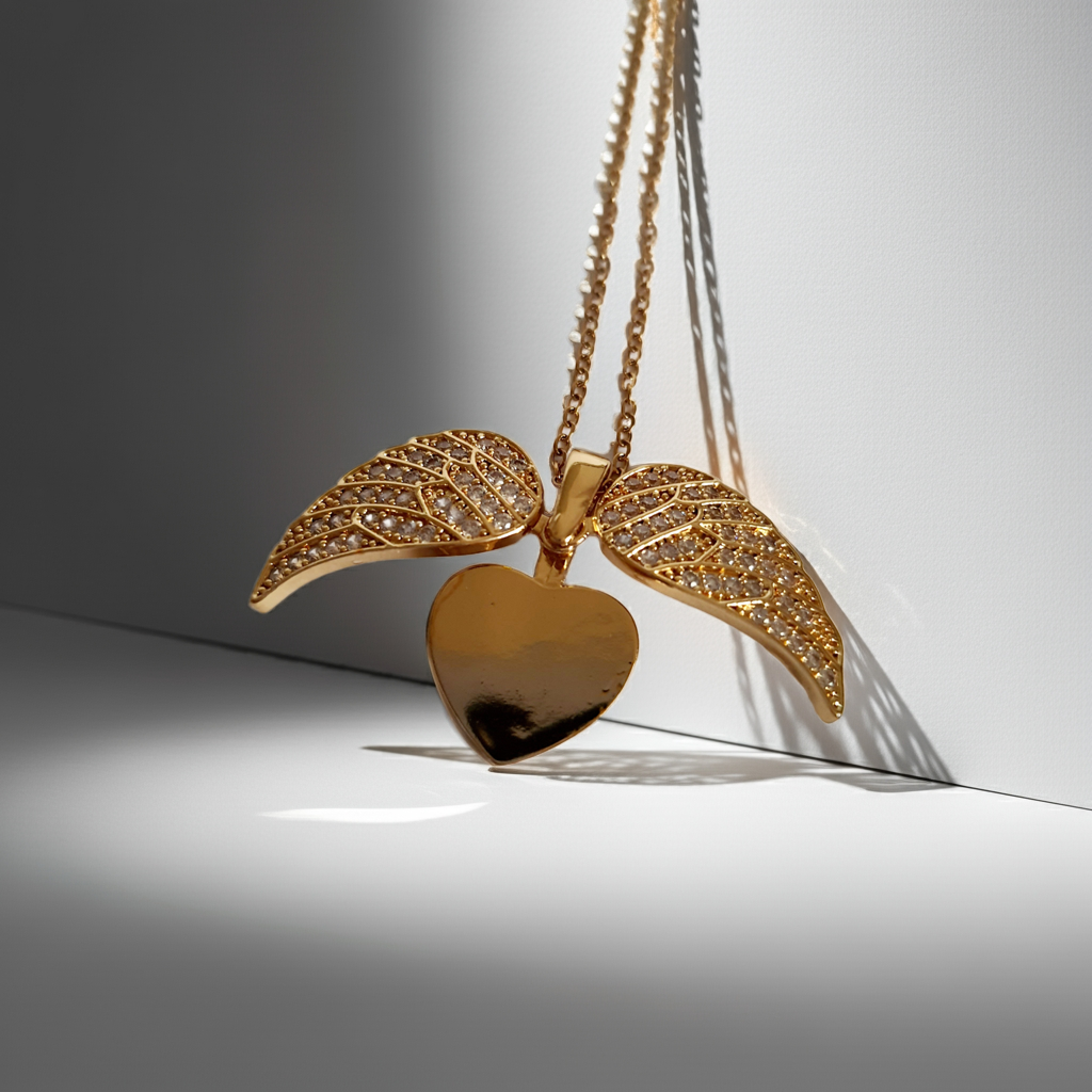 Naszyjnik ze stali nierdzewnej w kolorze złotym, z zawieszką serce i rozkładanymi skrzydłami ozdobionymi kryształkami, regulowana długość 40–45 cm, Rouge Bizu.