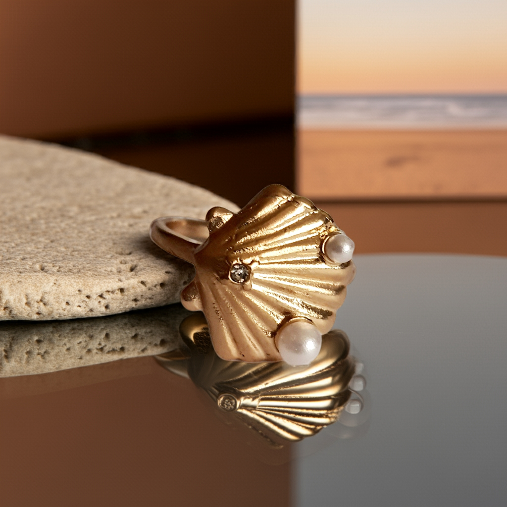 Pierścionek w kształcie złotej muszli z perełkami i cyrkonią. Styl vintage glamour. Rozmiar 17 mm. Stal nierdzewna, elegancja i morska nostalgia. Rouge Bizu.