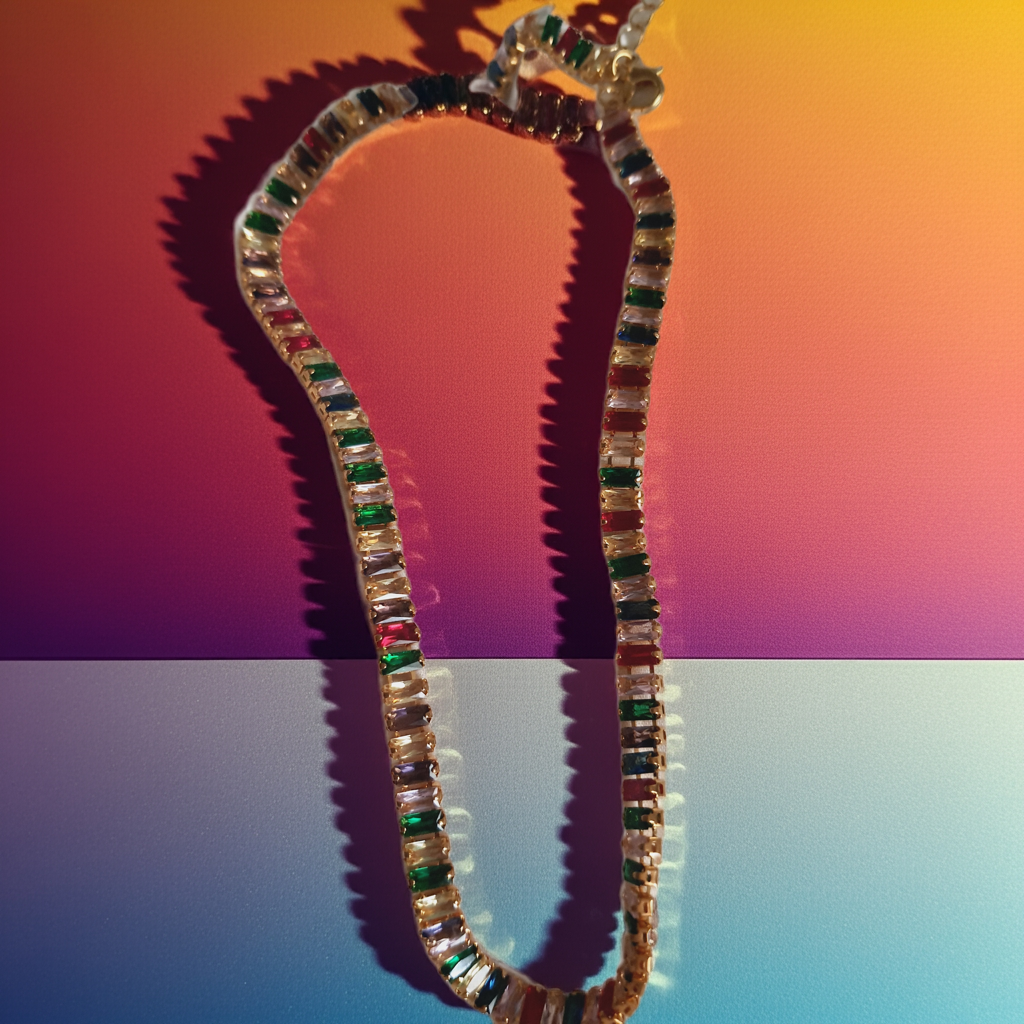 Naszyjnik damski ze stali nierdzewnej, długość regulowana 38,5–46,5 cm, złota baza zdobiona prostokątnymi kamieniami w różnych kolorach, styl glamour i luksusowy, Rouge Bizu.