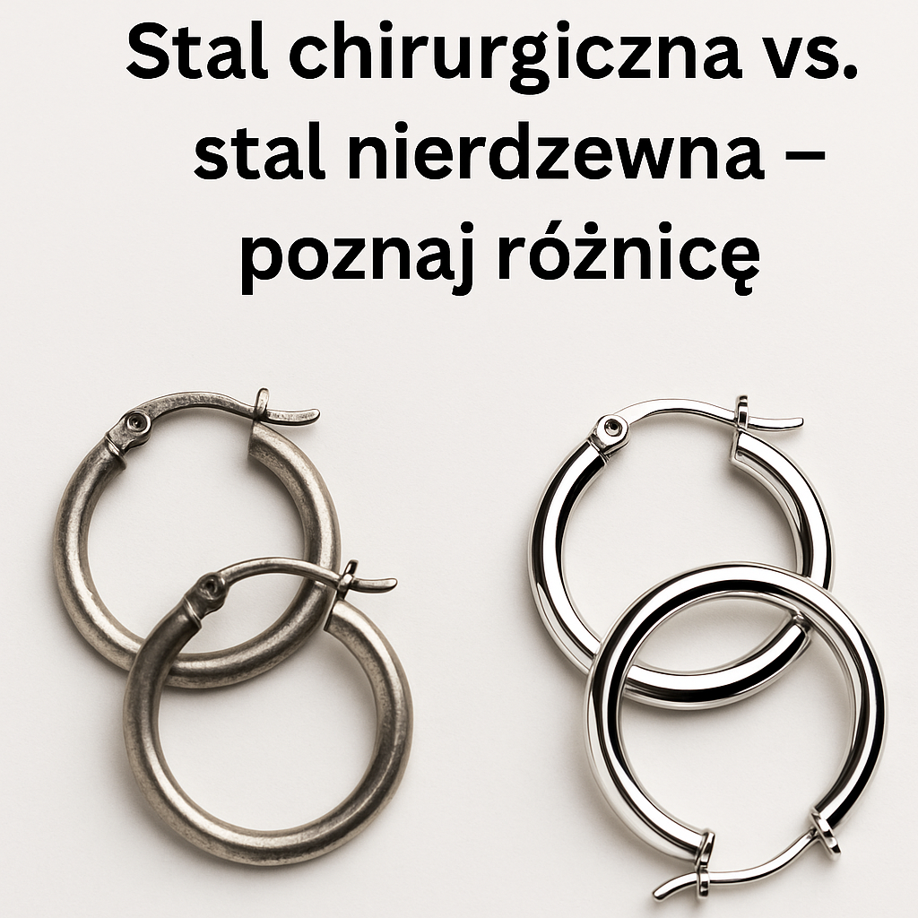 Porównanie dwóch par kolczyków – po lewej stal nierdzewna o matowym wykończeniu, po prawej stal chirurgiczna z błyszczącą powierzchnią, na jasnym tle.