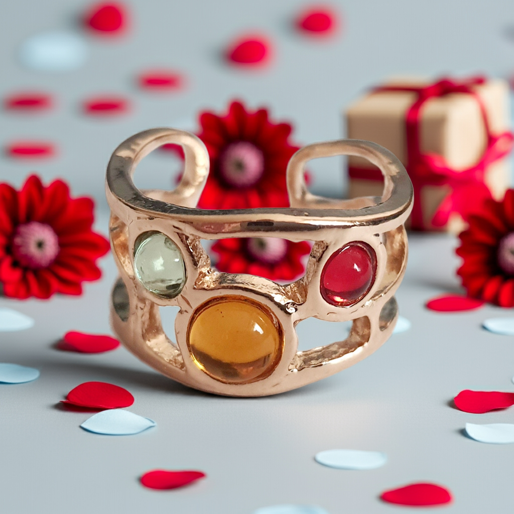 Artystyczny pierścionek ze złotej stali nierdzewnej z kolorowymi szklanymi oczkami – czerwonym, żółtym i niebieskim. Rozmiar 17 mm. Styl boho i handmade. RougeBizu.

