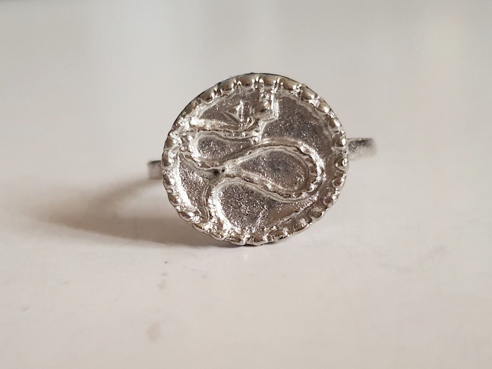 Srebrny pierścionek ze stali nierdzewnej i chirurgicznej z motywem węża na okrągłej tarczy, w stylu vintage i symbolicznym, rozmiar 16 mm. Wodoodporny, hipoalergiczny, jakość premium. Rouge Bizu.