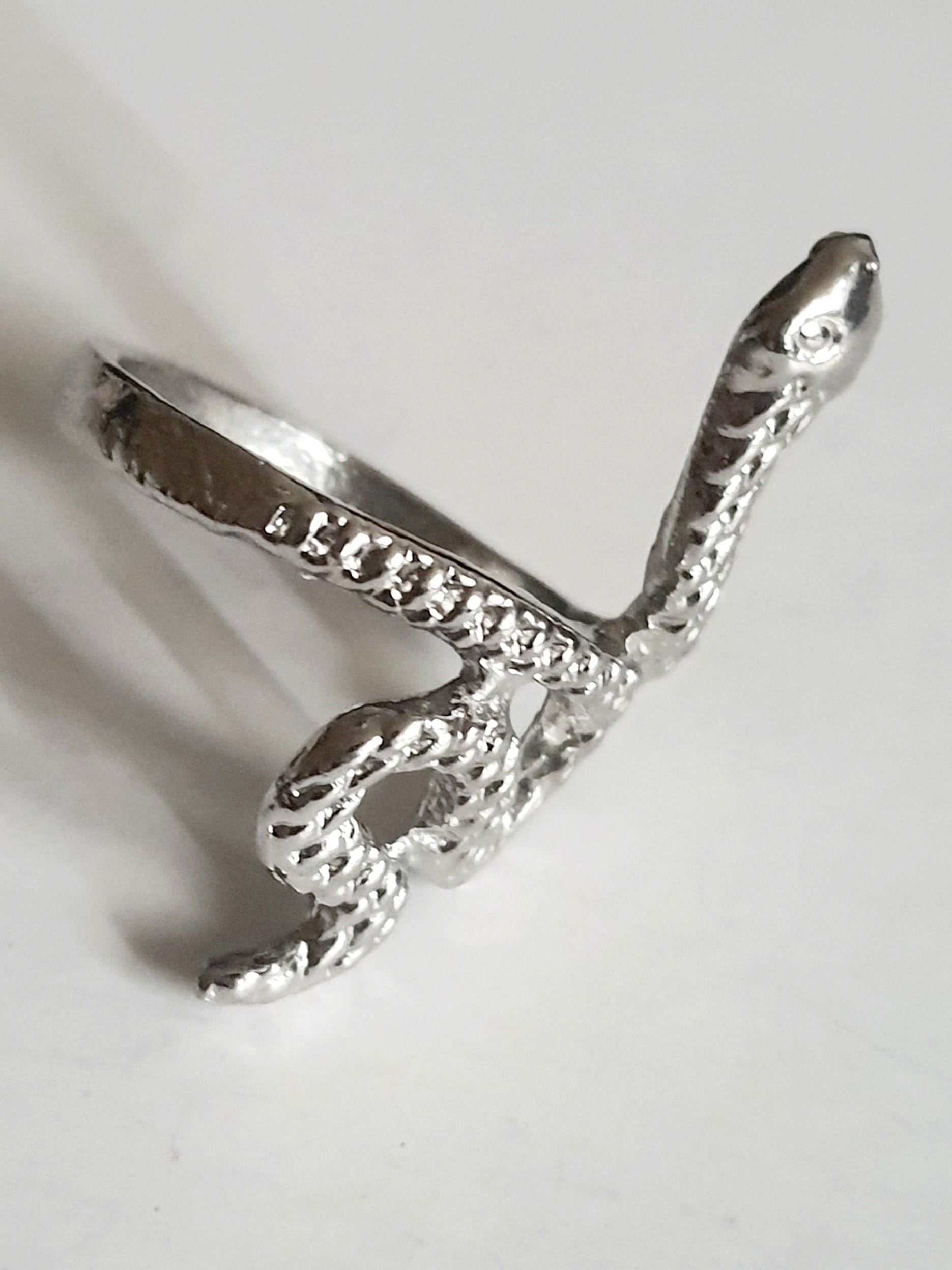 Srebrny pierścionek ze stali nierdzewnej i chirurgicznej w kształcie węża z fakturą łusek, styl artystyczny i symboliczny, rozmiar 16 mm. Wodoodporny, hipoalergiczny, jakość premium. Rouge Bizu.