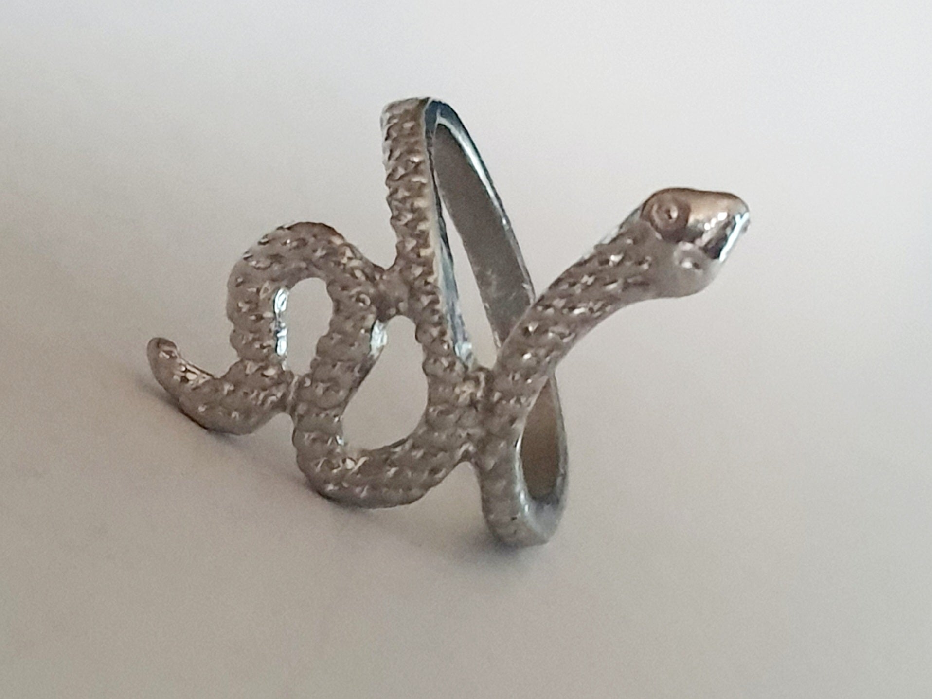 Srebrny pierścionek ze stali nierdzewnej i chirurgicznej w kształcie węża z fakturą łusek, styl artystyczny i symboliczny, rozmiar 16 mm. Wodoodporny, hipoalergiczny, jakość premium. Rouge Bizu.