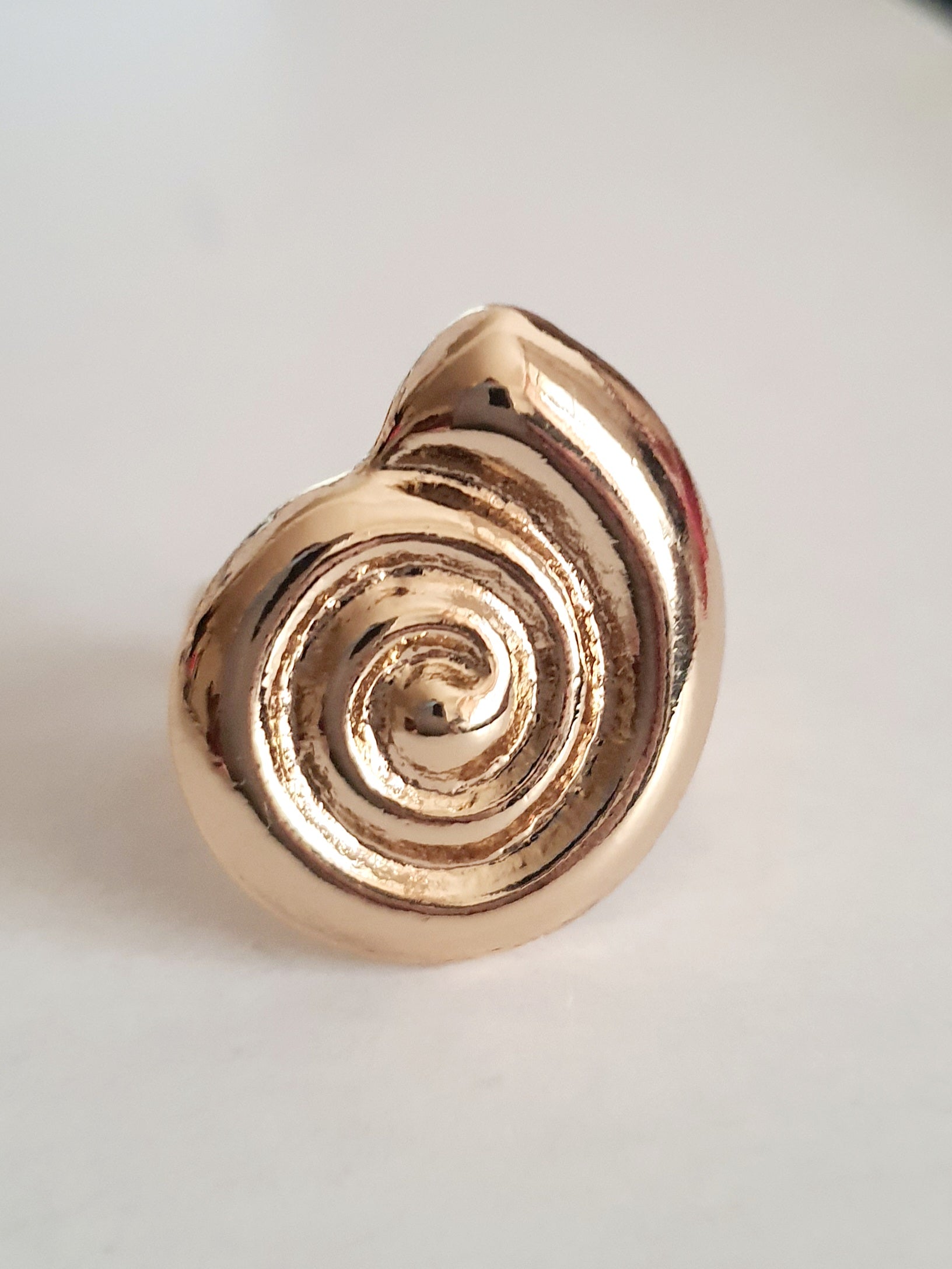 Pierścionek spiralny ze stali nierdzewnej w kolorze żółtego złota, z błyszczącym wykończeniem i efektownym, hipnotyzującym kształtem spirali. Styl minimalistyczny z nutą artystycznej ekstrawagancji. Regulowany rozmiar. Rouge Bizu.

