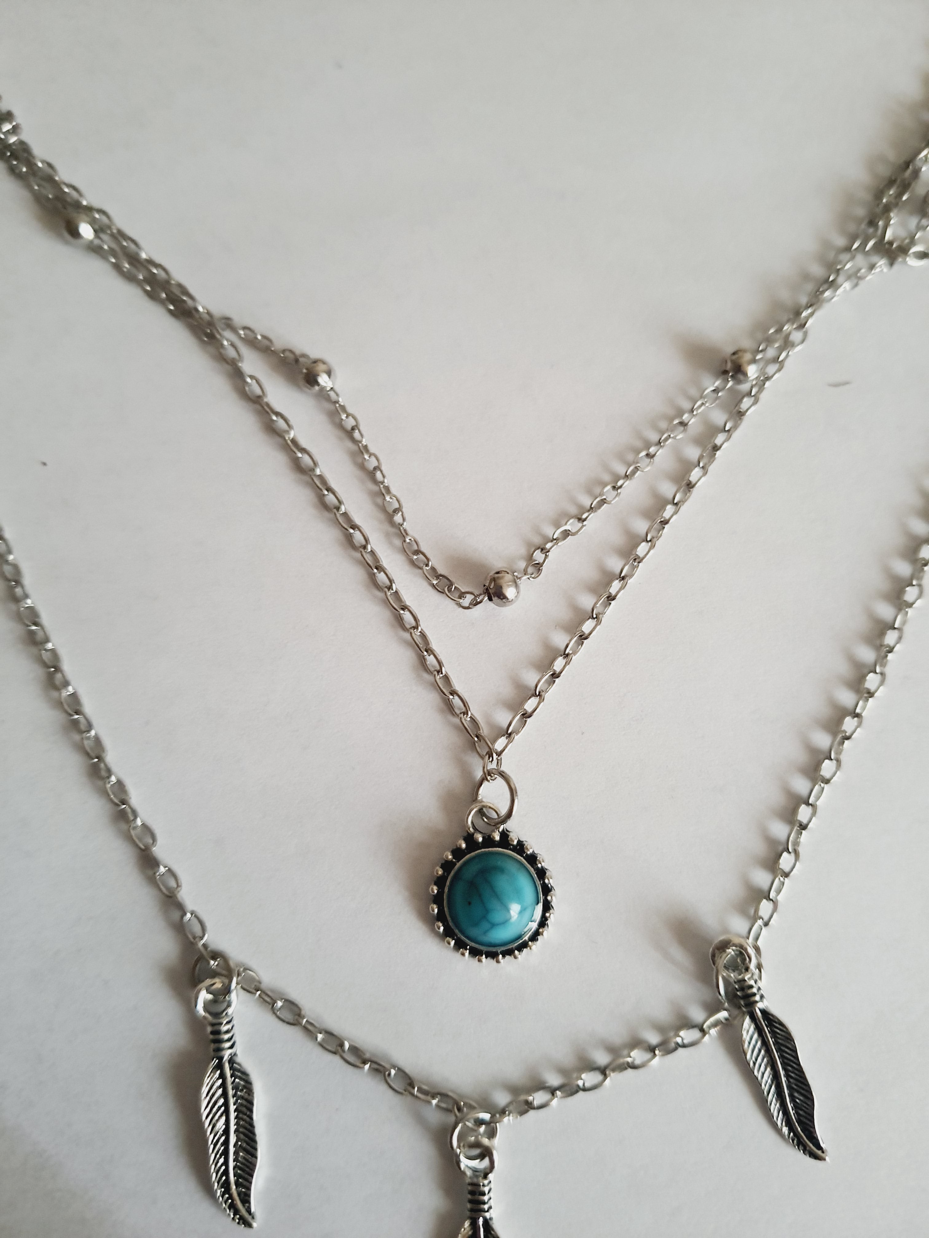 Srebrny potrójny naszyjnik ze stali chirurgicznej – jeden łańcuszek z piórkami, drugi z turkusowym kamieniem, trzeci z kuleczkami. Regulowana długość 39–45 cm. Stal chirurgiczna, stal nierdzewna, wodoodporne, hipoalergiczne, jakość premium. RougeBizu.