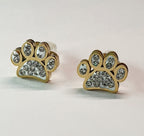 Złote kolczyki w kształcie psich łapek z przezroczystymi cyrkoniami, średnica 1 cm, stal chirurgiczna, stal nierdzewna, wodoodporne, hipoalergiczne, jakość premium, elegancki styl, Rouge Bizu.