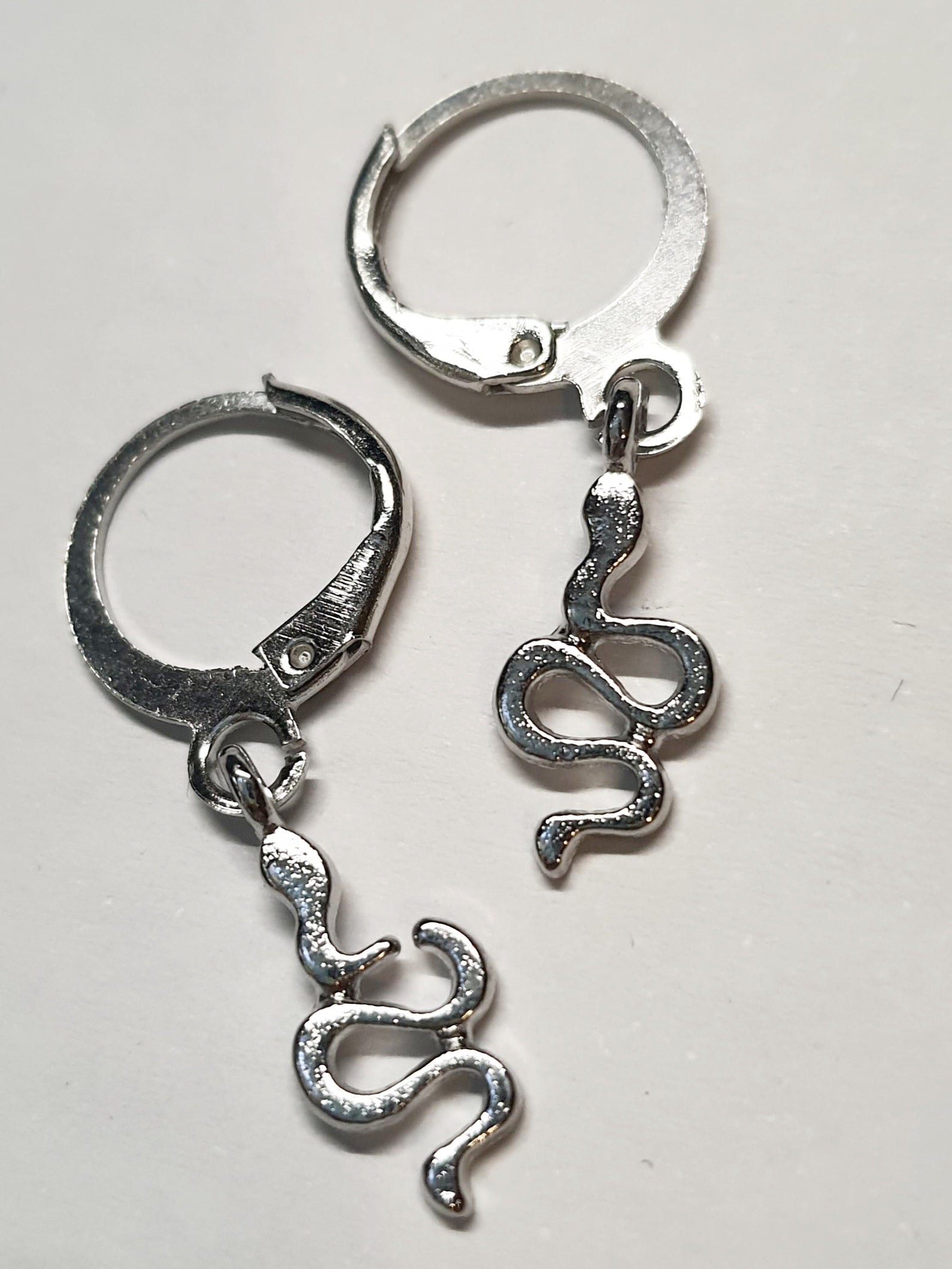 Srebrne kolczyki delikatne kółka z zawieszką w kształcie węża, długość 2,5 cm, stal chirurgiczna, stal nierdzewna, wodoodporne, hipoalergiczne, jakość premium, RougeBizu.