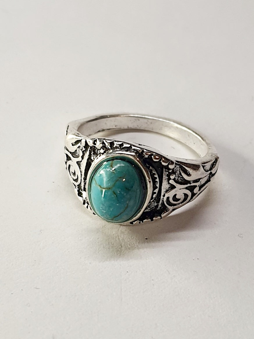 Pierścionek ze srebrnej stali nierdzewnej z turkusowym owalnym kamieniem w stylu boho vintage, misternie zdobiony, rozmiar 16 mm, stal chirurgiczna, stal nierdzewna, wodoodporne, hipoalergiczne, jakość premium, Rouge Bizu.