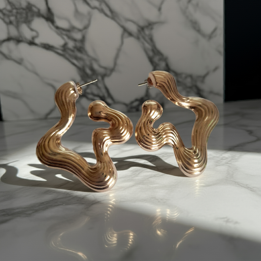 Złote kolczyki falujące o artystycznej, nieregularnej formie, eleganckie i nowoczesne. Stal nierdzewna, długość 5 cm. Rouge Bizu.