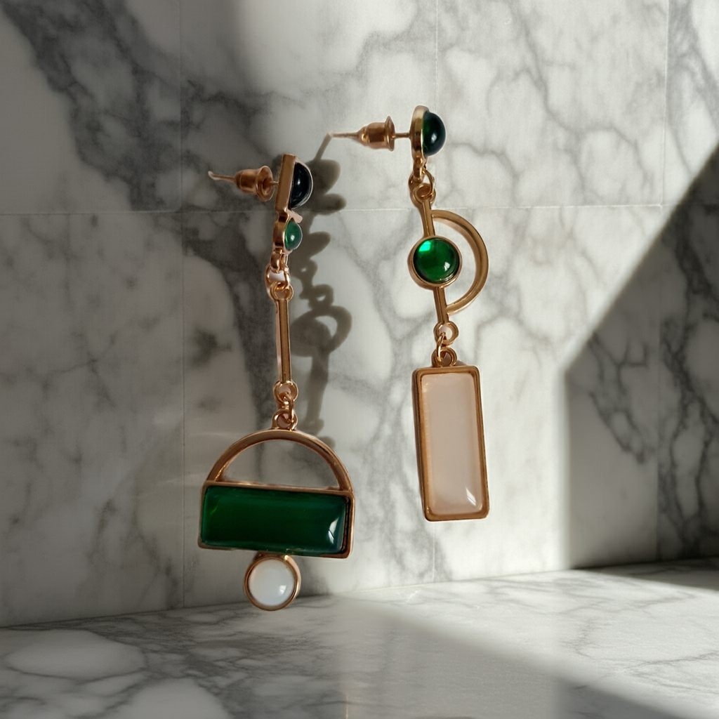 Kolczyki geometryczne ze stali nierdzewnej w kolorze złota, z zielonymi i białymi elementami w różnych kształtach. Asymetryczna forma, długość 6 cm. Styl nowoczesny i elegancki. Rouge Bizu.