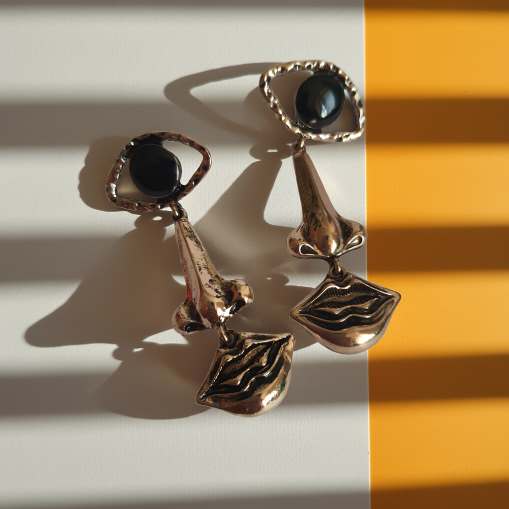 Wiszące kolczyki 7 cm ze stali nierdzewnej w kolorze złotym w kształcie oka, nosa i ust, z czarnym kamieniem w centrum oka. Rouge Bizu, stal nierdzewna, stal chirurgiczna.

