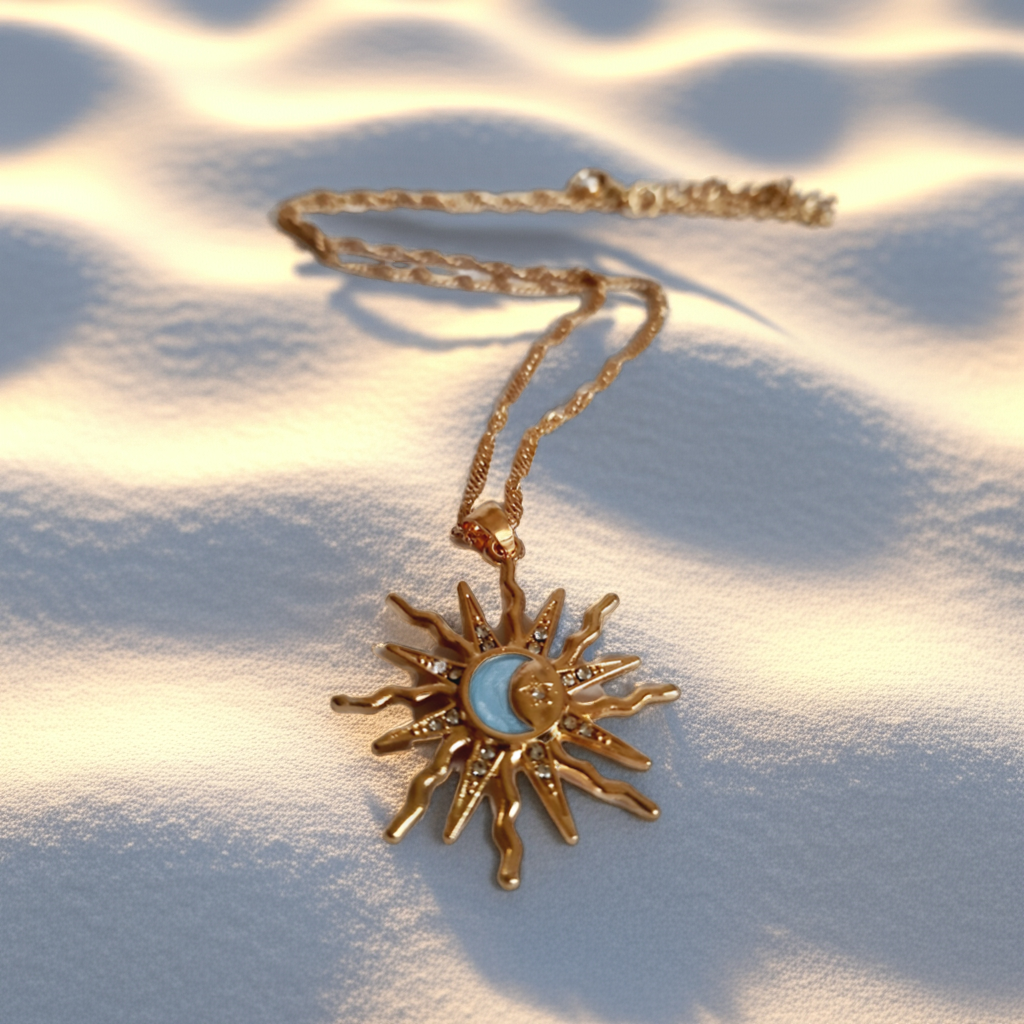 Naszyjnik ze stali nierdzewnej w kolorze złotym, z zawieszką w kształcie słońca i księżyca ozdobioną kryształkami, długość łańcuszka 42–47 cm, Rouge Bizu.