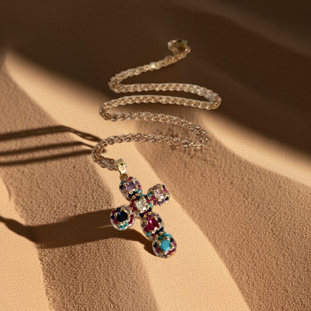 Złoty naszyjnik z krzyżem wysadzanym kolorowymi kamieniami – turkus, czerwień, fiolet, granat i biel, długość 50 cm, stal nierdzewna, RougeBizu.
