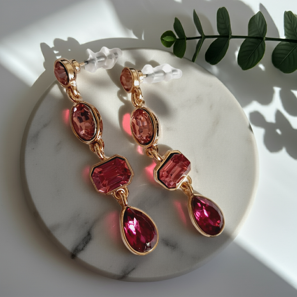 Długie kolczyki wiszące ze stali nierdzewnej w kolorze złota, z różowymi kryształami w kształcie owalu, prostokąta i kropli. Długość 4,5 cm. Styl glamour, elegancki. Rouge Bizu.