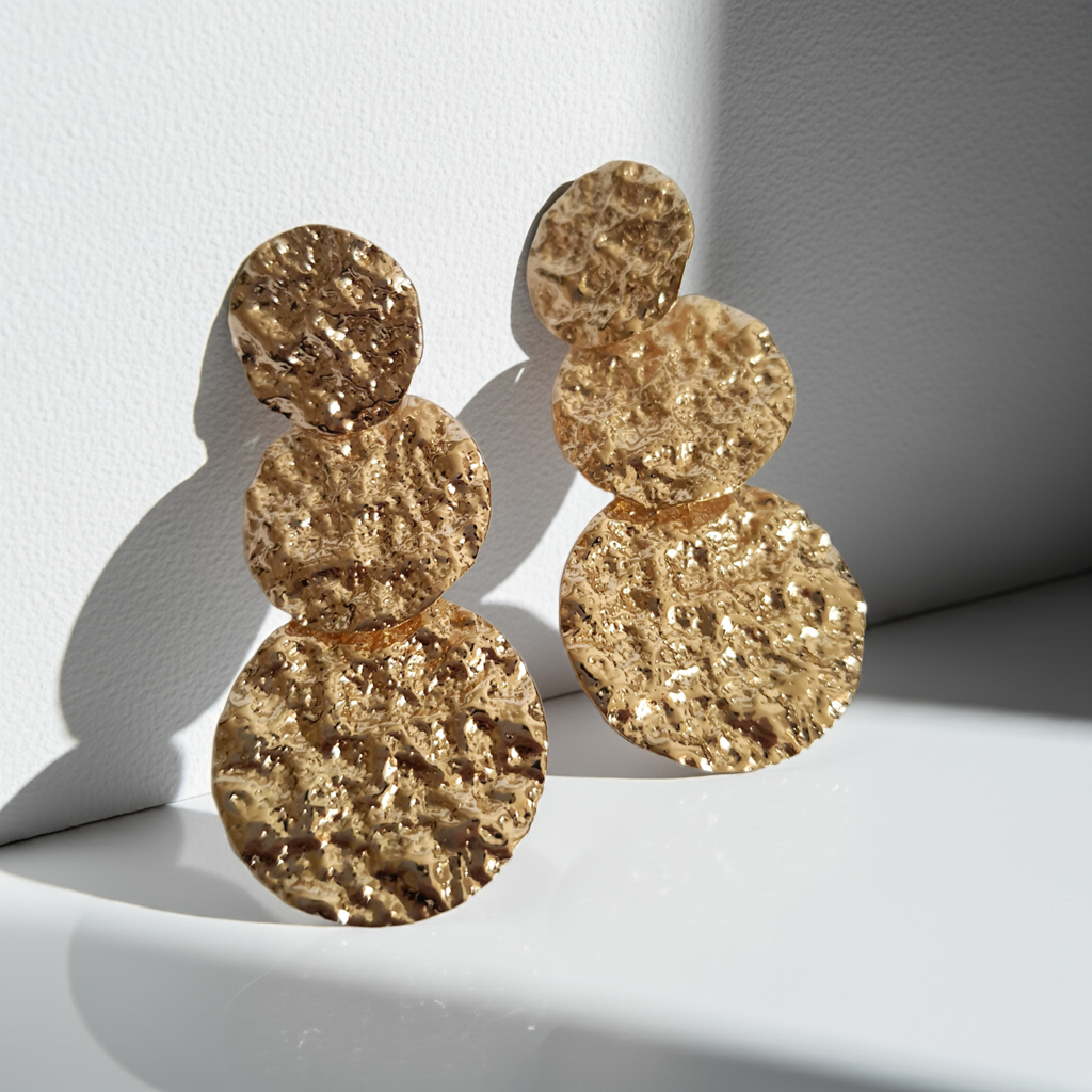 Kolczyki złote młotkowane z trzema okrągłymi kręgami, długość 6 cm, stal nierdzewna, eleganckie i wyraziste, Rouge Bizu.