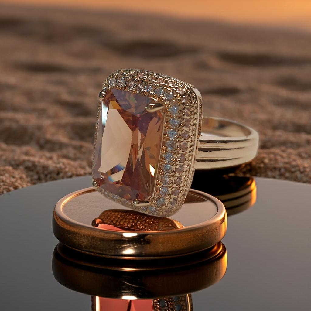 Pierścionek ze złotej stali nierdzewnej z prostokątnym miodowym kamieniem w stylu glamour vintage, otoczony cyrkoniami, elegancki i kobiecy. Rozmiar 19 mm. stal chirurgiczna, stal nierdzewna, wodoodporne, hipoalergiczne, jakość premium, RougeBizu.